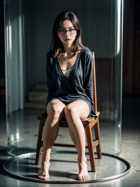 ((detailed eyes)), bare feet, full body in container, dirty woman chained to a chair, white torn stockings, broken glasses, woma...