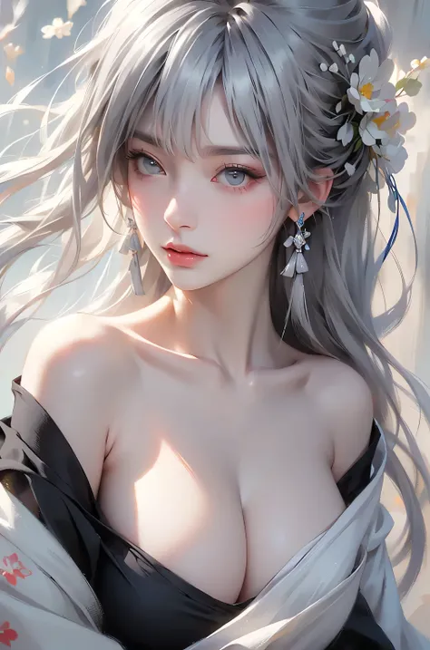 super high quality, masterpiece, Perfect illustration, Very detailed (Exquisite light and shadow, Very dramatic photo,Backlight) , ((Gray Hair:1.5))1 girl, alone, (Wearing Han clothes, Royalty、Black and white Hanfu,Monotony,Long sleeve) Flower Field, Flowe...