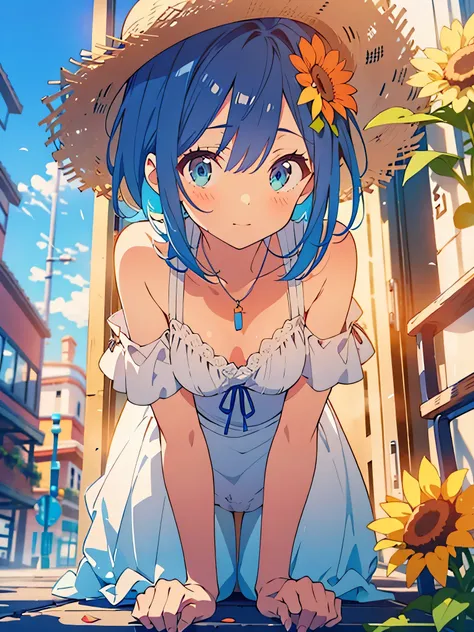 NSFW,masterpiece, best quality,(((color trace))),looking at viewer,town image,((short stature))
1girl, solo, open eyes,Embarrassing,shoulder cutout, dress,((((blue hair)))),blue panty,green eyes,grim eyes, pigtail, blush, shortcut hair, white dress, clothi...