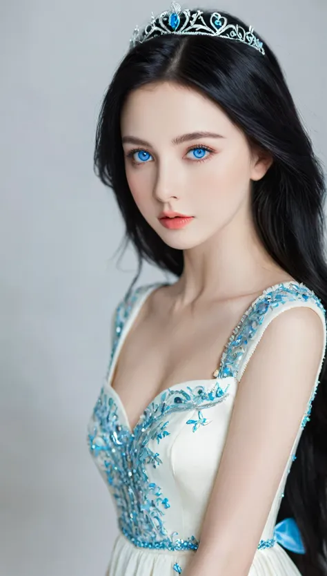 A beautiful and gorgeous young princess，With black hair and blue eyes, She was wearing a beautiful white dress