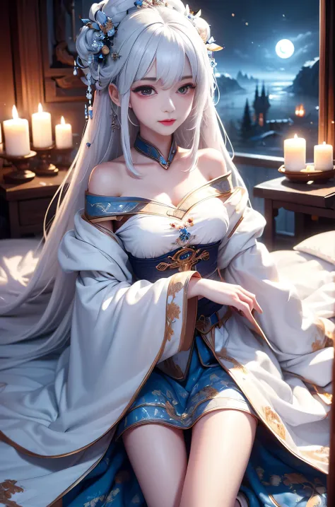  (masterpiece, highest quality:1.2), 1 girl, alone, ((Off-the-shoulder clothing)), ((night)), ((White Hair))lanthanum, Candlelight, Deep in Wonderland，The moonlight pours down like water，fog，The heroine&#39;s figure is vaguely visible，Big Breasts,Cute face...