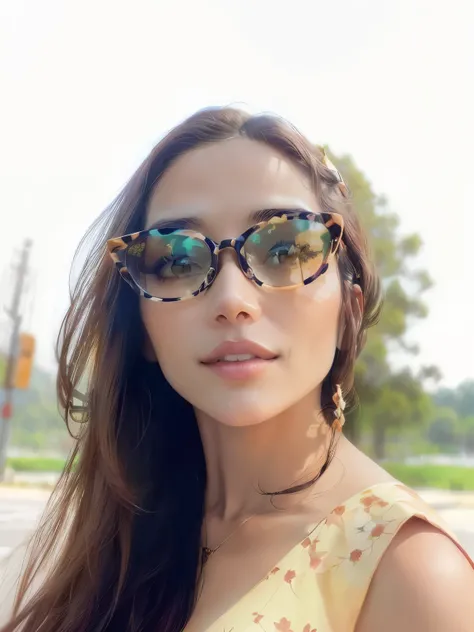 Giraffe woman wearing glasses, floral dress posing for photo, 36 years old, wearing sunglasses, , wearing glasses, nude apricot blossom, 30 year old female, anime style, simple colors, background removed.