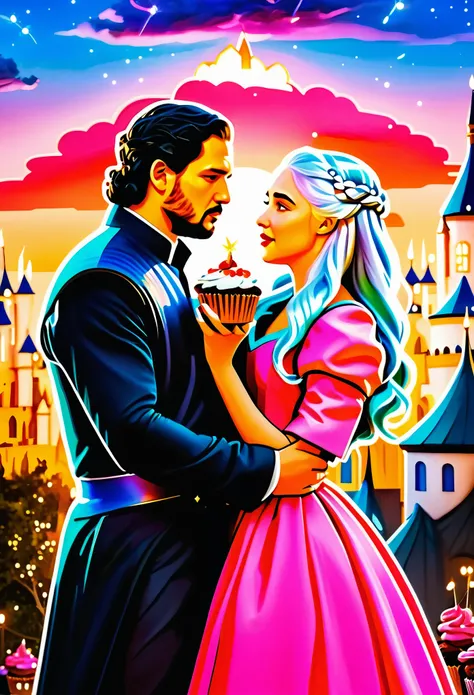 Disneys princess Daenerys Targaryen and Jon Snow designs by Walt Disney fine art illustration, in pink dress with silver hair holding hands on the background of magical fairytale town full bright colorful cupcakes, glowing fireflies in sky, golden hour, by...