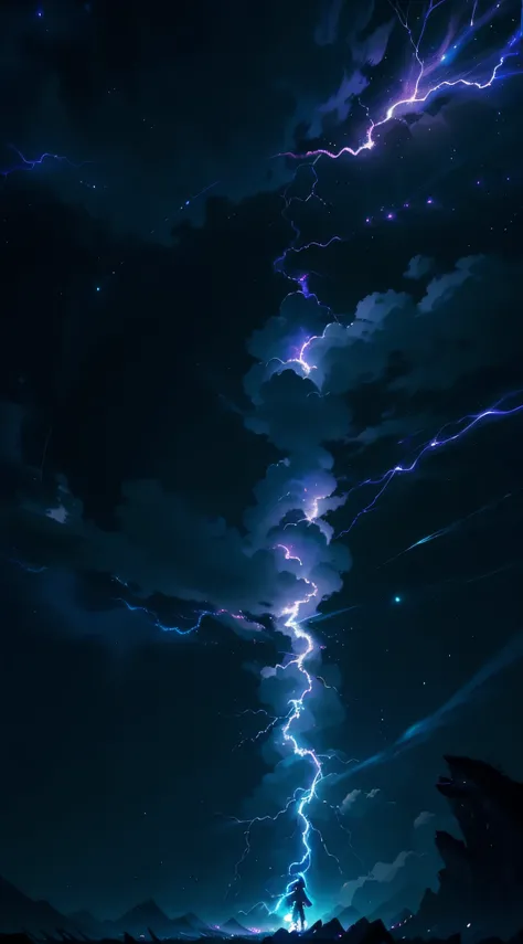 close-up of a person on a purple and blue background, full of lightning, glowing black aura, evil aura, 8k anime, epic anime about a creature with the power of lightning, epic anime style, Menacing aura, Aura of darkness, develops into its final form, radi...