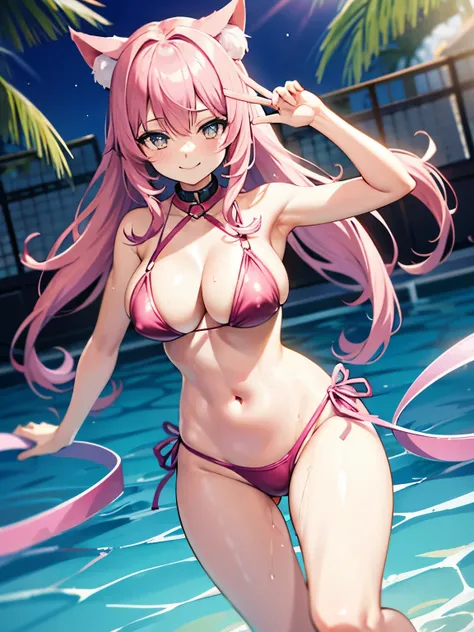 Cat girl, pink hair, smiling, perfect body, big breasts, medium thighs, thin pink swimsuit, wet, pool