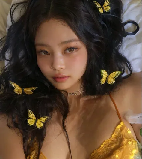 araffe woman laying in bed with butterfly hair clips on her head, yellow butterflies, violet myers, tessa thompson inspired, aesthetic cute with flutter, laying down, profile pic, beautiful aesthetic, with brown skin, soft devil queen madison beer, tessa t...