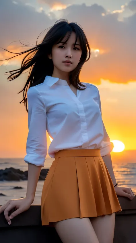 (highest quality, High resolution, Tabletop :1.3), (Shooting from below), Beautiful woman, Orange sunset sky, Sun and clouds with ocean in the background, Cute girl in uniform. Her hair is light brown、Medium bob style。. She is wearing a white blouse and a ...