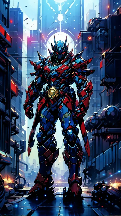 A man wearing a full-face helmet, a fantasy-style biotech armored combat suit, green eyes, (a composite layered chest armor), fully enclosed shoulder guards, matching arm and leg guards, the belt is adorned with Falcon Wing, (the color scheme is primarily ...