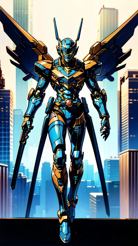 A man wearing a full-face helmet, a fantasy-style biotech armored combat suit, green eyes, (a composite layered chest armor), fully enclosed shoulder guards, matching arm and leg guards, the belt is adorned with Falcon Wing, (the color scheme is primarily ...