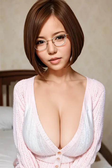 (masterpiece, best quality:1.2), 1 girl, solitary，short hair（（（the eyes are very delicate））），glasses（（conservative sweater））sitt...