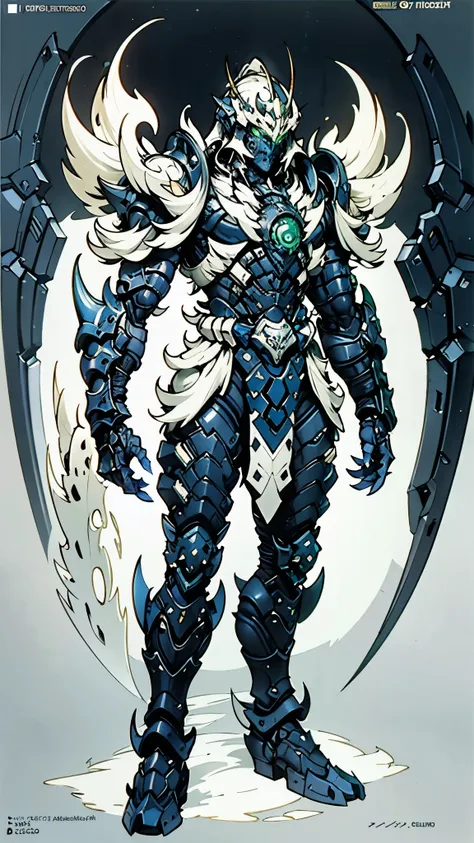 A man wearing a full-face helmet, a fantasy-style biotech armored combat suit, green eyes, (a composite layered chest armor), fully enclosed shoulder guards, matching arm and leg guards, the belt is adorned with Falcon Wing, (the color scheme is primarily ...