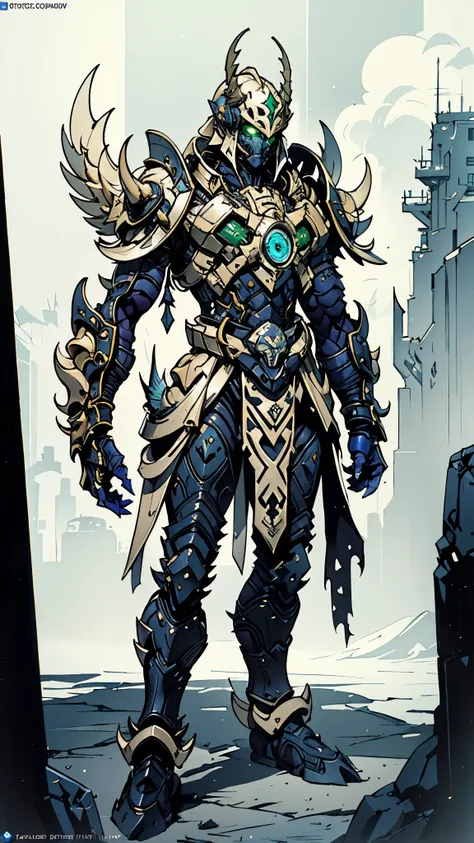 A man wearing a full-face helmet, a fantasy-style biotech armored combat suit, green eyes, (a composite layered chest armor), fully enclosed shoulder guards, matching arm and leg guards, the belt is adorned with Falcon Wing, (the color scheme is primarily ...