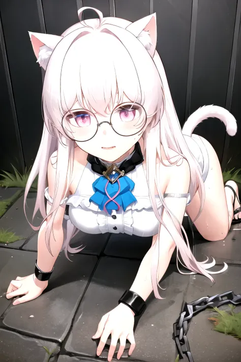 masterpiece, best quality, (1 Girl, Solitary), vr-kiyuu, have, Glasses, Double tail，(Giddenmei 1.5),tattered white shirt，White underwear，double braid hair，2legs,Sexual suggestion，Bare legs，Tempting，In the garbage dump，Wear sandals，have尿意，Wet my body, Leaki...