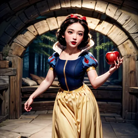 one girl, alone,   snow white, short hair, black hair, smooth hair, bow, brown eyes, lipstick, red lipstick, pale skin, yellow d...