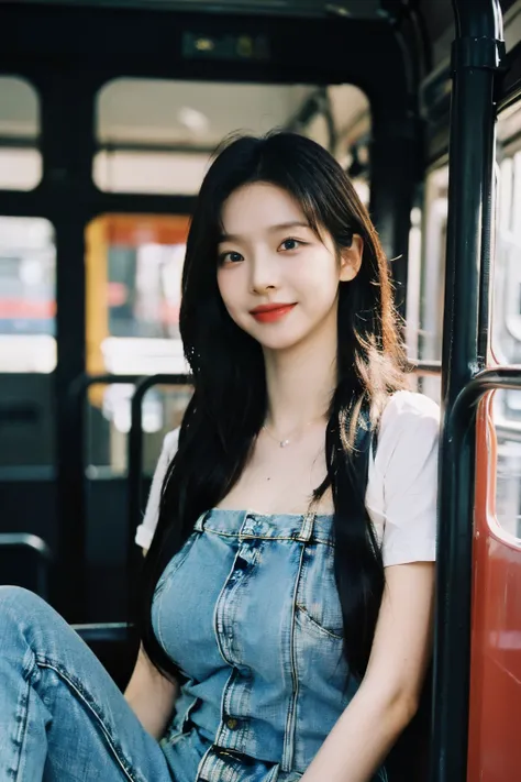 ((Midnight, Best quality, 8k, Masterpiece :1.3)), Sharp focus :1.2, A pretty woman with perfect figure :1.4, ((Dark brown hair, Big breasts :1.2)), (gray tshirt, jeans bib, sitting :1.2), ((bus :1.3)), Highly detailed face and skin texture, Detailed eyes, ...