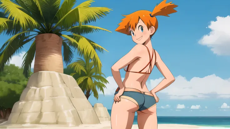 masterpiece, best quality, highres, 1girl, misty (pokemon), orange hair, solo, bikini, slutty bikini, side ponytail, orange hair, short hair, microbikini, small breasts, young slut, sexy pose, open legs, smile, cowboy shot, standing, peace_sign, outdoors, ...