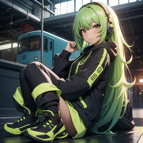 A girl, lime hair, long hair, feminime, soft smile, lime hoodie jacket, glowing yellow eyes, train background, wearing black headphone, full body,