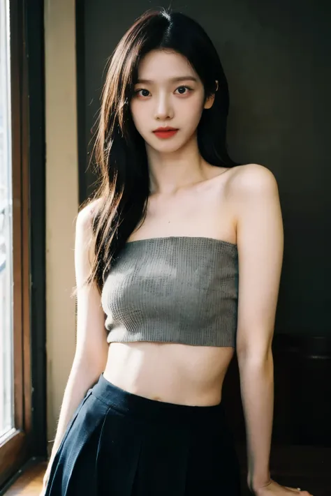 （Highly detailed body，Highly detailed face，very best quality：1.2） ，a woman with，Look at viewers，（Black bandeau top，JK short skirt，Top and skirt details：1.2），（Strong background room：1.4）(Medium breast1.2)