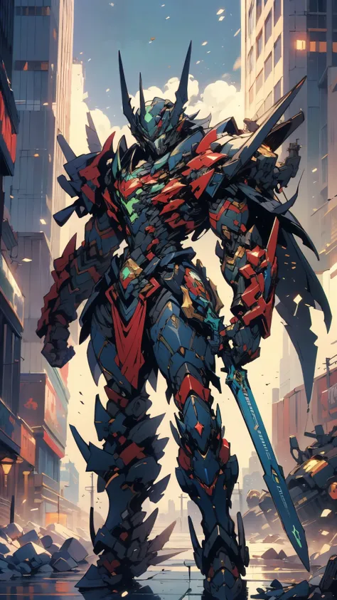 A man wearing a full-face helmet, a fantasy-style biotech armored combat suit, green eyes, (a composite layered chest armor), fully enclosed shoulder guards, matching arm and leg guards, the belt is adorned with Falcon Wing, (the color scheme is primarily ...