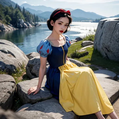 one girl, alone,   snow white, short hair, black hair, smooth hair, bow, brown eyes, lipstick, red lipstick, pale skin, yellow d...