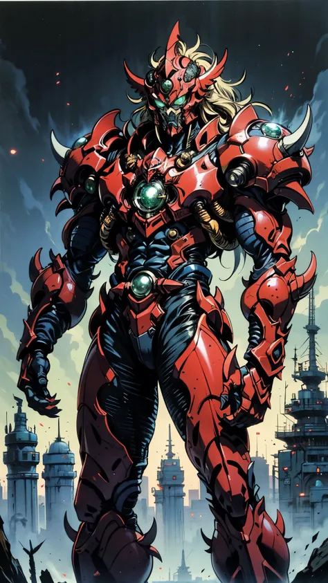 A man wearing a full-face helmet, a fantasy-style biotech armored combat suit, green eyes, (a composite layered chest armor), fully enclosed shoulder guards, matching arm and leg guards, the belt is adorned with Falcon Wing, (the color scheme is primarily ...