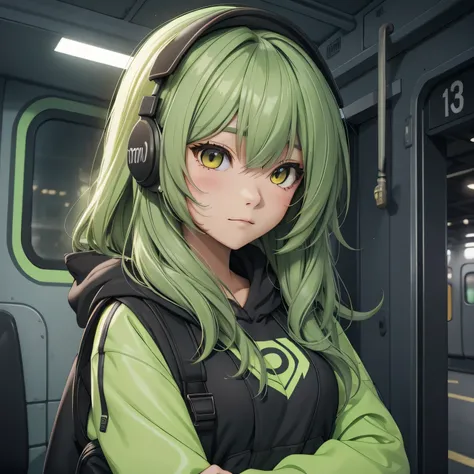 A girl, lime hair, long hair, feminime, soft smile, lime hoodie jacket, glowing yellow eyes, train background, wearing black headphone, full body,