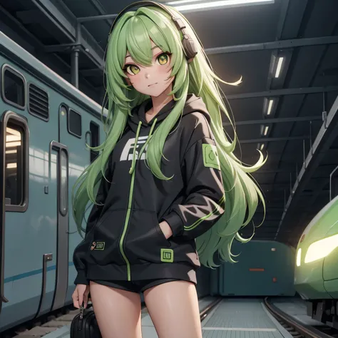 A girl, lime hair, long hair, feminime, soft smile, lime hoodie jacket, glowing yellow eyes, train background, wearing black headphone, full body,