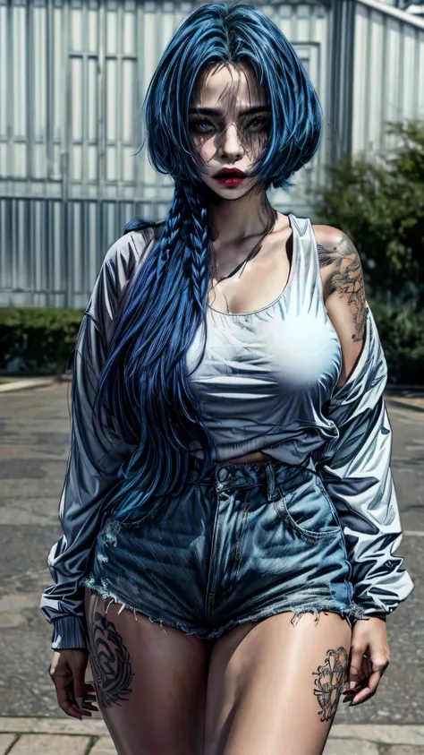 there is a woman with blue hair and tattoos walking down the street, noah, wind breaker, realistic artstyle, photorealistic arts...