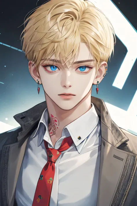 Masterpiece, best quality, high quality, 1boy, face focus, adult, suit, jacket, white shirt, tie, pants, little tattoos, lots of piercings, earrings, best quality, face detail, detail background, short blonde hair, blue eyes, closed moutht