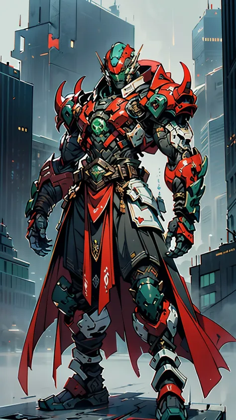 A man wearing a full-face helmet, a fantasy-style biotech armored combat suit, green eyes, (a composite layered chest armor), fully enclosed shoulder guards, matching arm and leg guards, the belt is adorned with Falcon Wing, (the color scheme is primarily ...