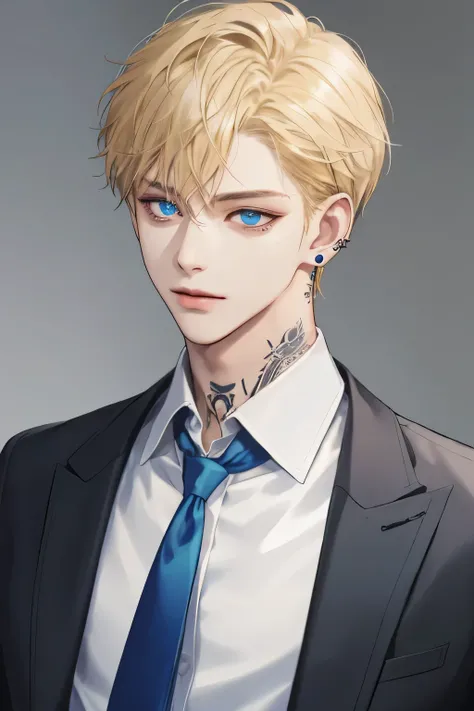 Masterpiece, best quality, high quality, 1boy, face focus, adult, suit, jacket, white shirt, tie, pants, little tattoos, lots of piercings, earrings, best quality, face detail, detail background, short blonde hair, blue eyes, closed moutht, half body