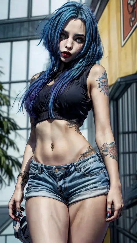 arafed woman with blue hair and tattoos posing for a picture, noah, wind breaker, beautiful blue haired girl, inked and colored,...