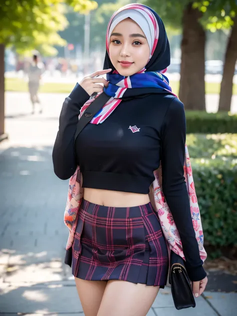 A beauty woman with hijab in a student uniform, big breasts, a smile, happiness, a mini skirt with vivid colors and a youthful style (best quality,4k,8k,highres,masterpiece:1.2), ultra-detailed, (realistic,photorealistic,photo-realistic:1.37), professional...