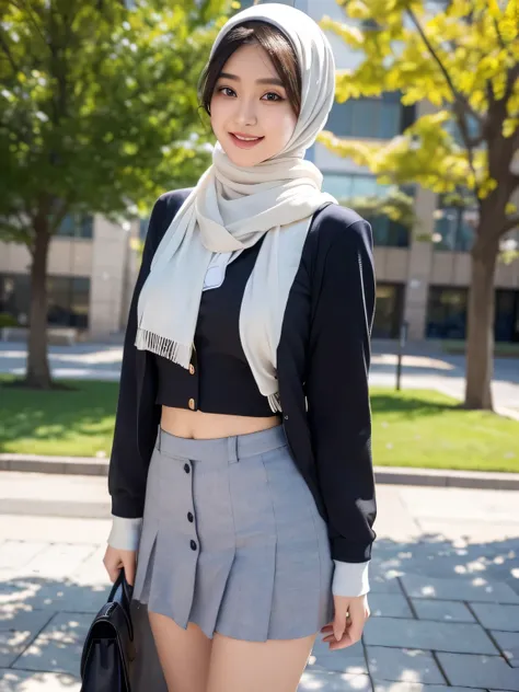 A beauty woman with hijab in a student uniform, big breasts, a smile, happiness, a mini skirt with vivid colors and a youthful style (best quality,4k,8k,highres,masterpiece:1.2), ultra-detailed, (realistic,photorealistic,photo-realistic:1.37), professional...