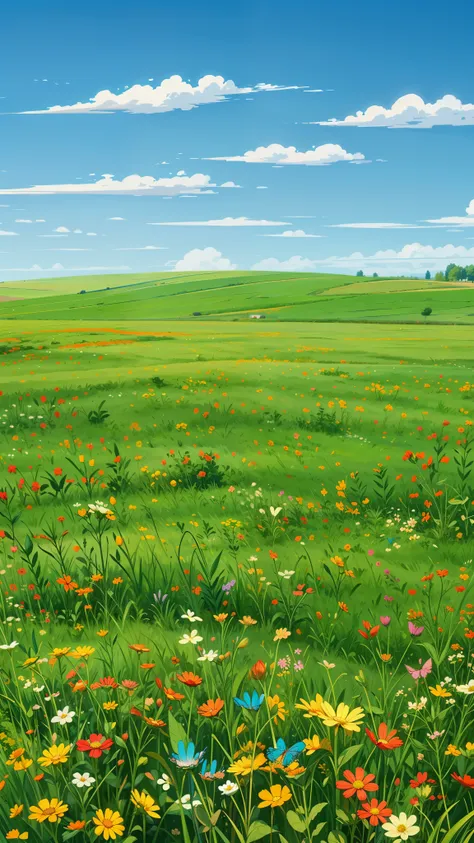 a painting of a green field with a blue sky in the background, straight line of horizon, multicolored flowers, farm field background, meadow background, field background, windows xp, windows xp wallpaper, windows xp background, farm background, windows xp ...