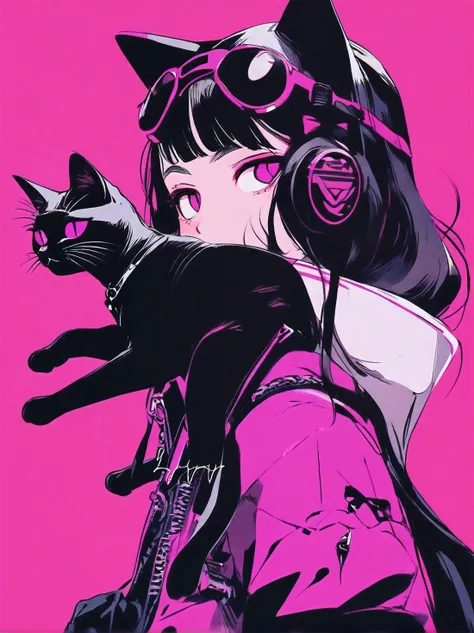 Anime girl with black cat on pink background, Portrait of goth cat girl, cat woman, Anime style illustration, Anime style 4k, anime style portrait, Ilya Kuvshinov Sti. 4K, cat woman, Artyom and Ilya Kuvshinov, Emo girl and her , beautiful anime catgirl, st...