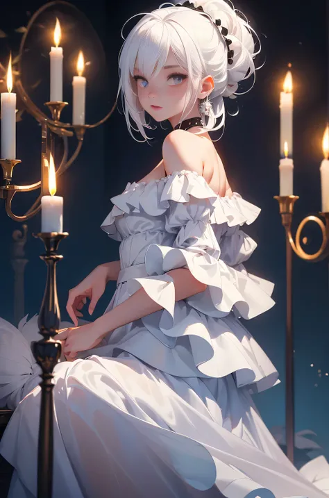 (masterpiece, highest quality:1.2), 1 girl, alone, ((Off-the-shoulder clothing)), ((night)), ((White Hair))lanthanum, Candlelight, Deep in Wonderland，The moonlight pours down like water，fog，The heroine&#39;s figure is vaguely visible，Big Breasts,Cute face，...