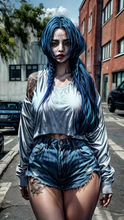 arafed woman with blue hair and tattoos walking down a street, noah, wind breaker, photorealistic artstyle, realistic artstyle, ...