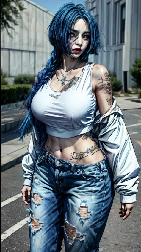 arafed woman with blue hair and tattoos walking down the street, noah, wind breaker, realistic artstyle, photorealistic artstyle...