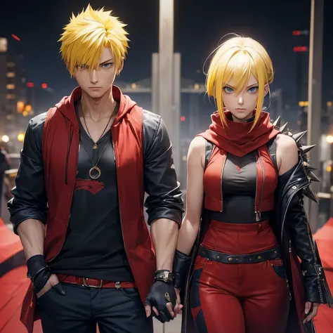 ((Couple)), ((26 years old, male,Yellow hair, Blue eyes), Spiky hair)).
((26 Years Old), female, Indigo Hair), Hime Cut, Bang)),, red scarf, red hoodie vest, sleeveless, black pants, black gloves, slim, up to legs, intimidating aura