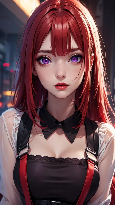 (Best quality at best,8K,A high resolution,tmasterpiece:1.2),Digital artwork, one girl,detailed face,detailed eyes,red hair,long straight hair,glowing purple eyes,red lip,Suspenders