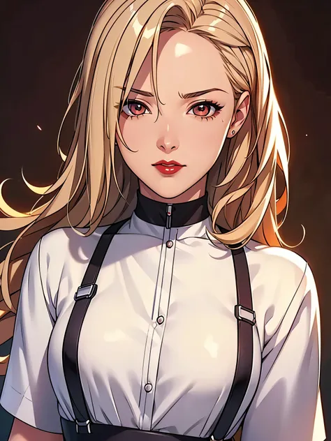 (Best quality at best,8K,A high resolution,tmasterpiece:1.2),Digital artwork, one girl,detailed face,detailed eyes,blonde hair,long straight hair,glowing amber eyes,red lip,Suspenders