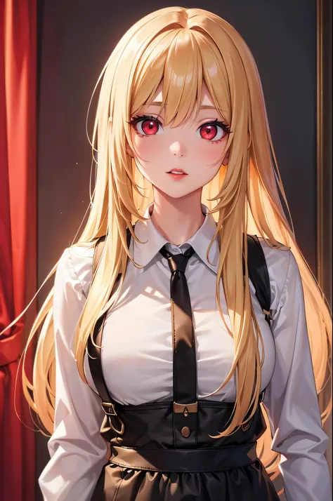 (Best quality at best,8K,A high resolution,tmasterpiece:1.2),Digital artwork, one girl，detailed face，detailed eyes，blonde hair，long straight hair，glowing red eyes，red lip，Suspenders