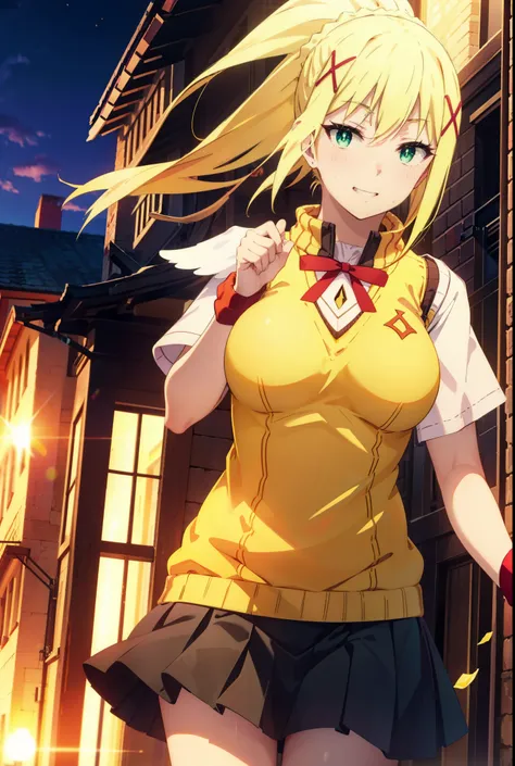 Lalatina Dusty Nesford, Lalatina Dustiness Ford, darkness (KonoSuba), Long Hair, (Green Eyes:1.3), Blonde, hair ornaments, ponytail, Braiding, x hair ornaments,Big Breasts,smile, Grin, White Y-shirt,Short sleeve,Sweater vest, Black knee-high socks,(yellow ...