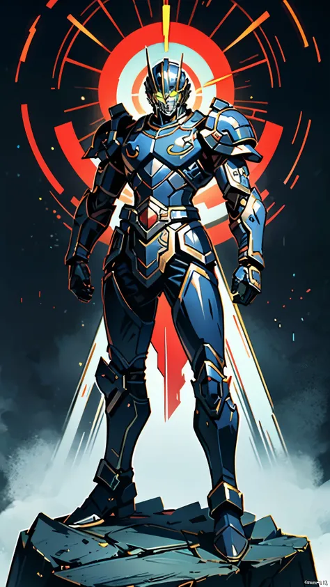 A man wearing a full-face helmet, a fantasy-style biotech armored combat suit, green eyes, (a composite layered chest armor), fully enclosed shoulder guards, matching arm and leg guards, the belt is adorned with Falcon Wing, (the color scheme is primarily ...