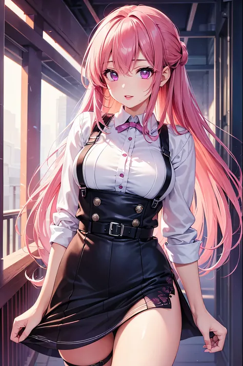 (Best quality at best,8K,A high resolution,tmasterpiece:1.2),Digital artwork, one girl,detailed face,detailed eyes,pink hair,long straight hair,glowing purple eyes,red lip,Suspenders