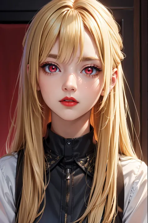 (Best quality at best,8K,A high resolution,tmasterpiece:1.2),Digital artwork, one girl，detailed face，detailed eyes，blonde hair，long straight hair，glowing red eyes，red lip，Suspenders