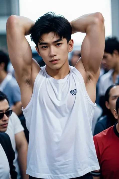 shirt, arms above head, focus on armpits, man, beautiful muscles, asian men, polo, crowded