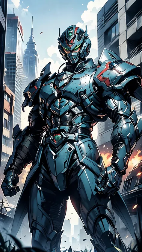 A man wearing a full-face helmet, a fantasy-style biotech armored combat suit, green eyes, (a composite layered chest armor), fully enclosed shoulder guards, matching arm and leg guards, the belt is adorned with Falcon Wing, (the color scheme is primarily ...