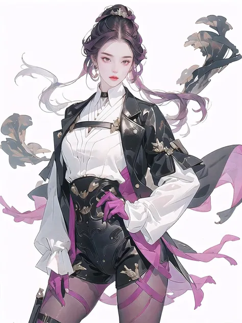 1girl,solo,masterpiece, best quality, highres, aakafka, sunglasses, eyewear on head, harness, black jacket, white shirt, collared shirt, long sleeves, white sleeves, purple gloves, black shorts, thigh strap, pantyhose,kafka, standing, cowboy shot, arms at ...